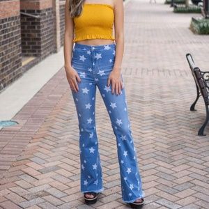 Cello Star Print Frayed Flare Jeans